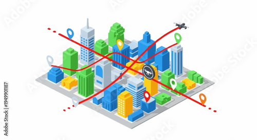 Cityscape with various buildings and symbols.