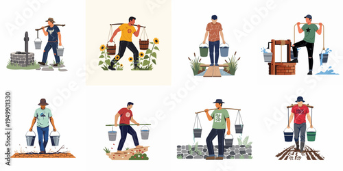 Set of illustrations depicting men carrying water buckets using traditional poles in various rural and rustic settings like wells, fields, and paths.