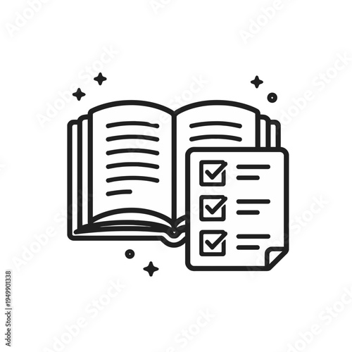 Outline stroke icon of an open book next to a completed checklist, symbolizing knowledge acquisition, study, and task completion in education and personal development