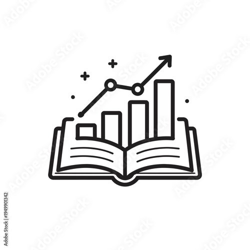 Open book with growing bar chart and line graph icon representing financial growth and learning