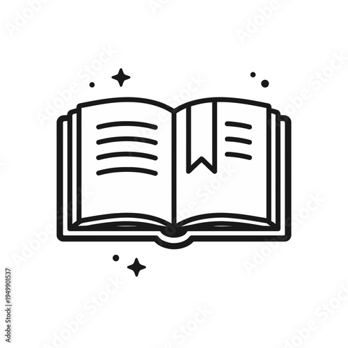 A beautifully drawn icon of an open book with a bookmark and sparkling stars, symbolizing knowledge and imagination