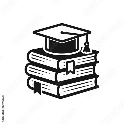Black and white illustration of graduation cap on stack of books icon representing education and knowledge
