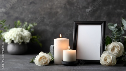 candle, white rose flowers, photo frame with portrait and black ribbon on dark background with copy space