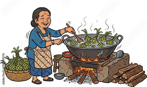 A mother cooks ketupat in a large skillet.