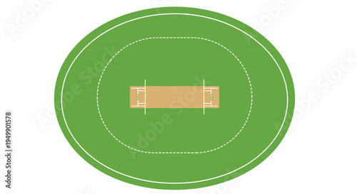 Overhead view of a cricket pitch and field marked with white lines