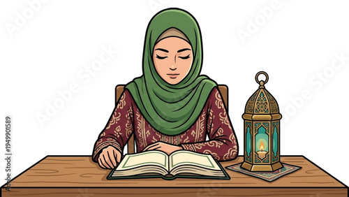 A Muslim woman reads the holy book on a table with an Arabic-style lantern beside her.