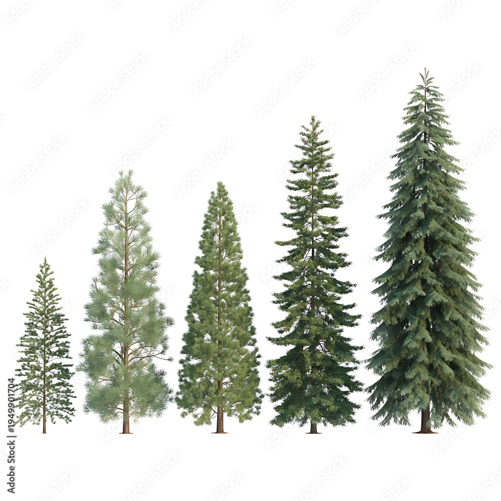 Obraz premium Collection of Five Unique Evergreen Trees on White Backdrop