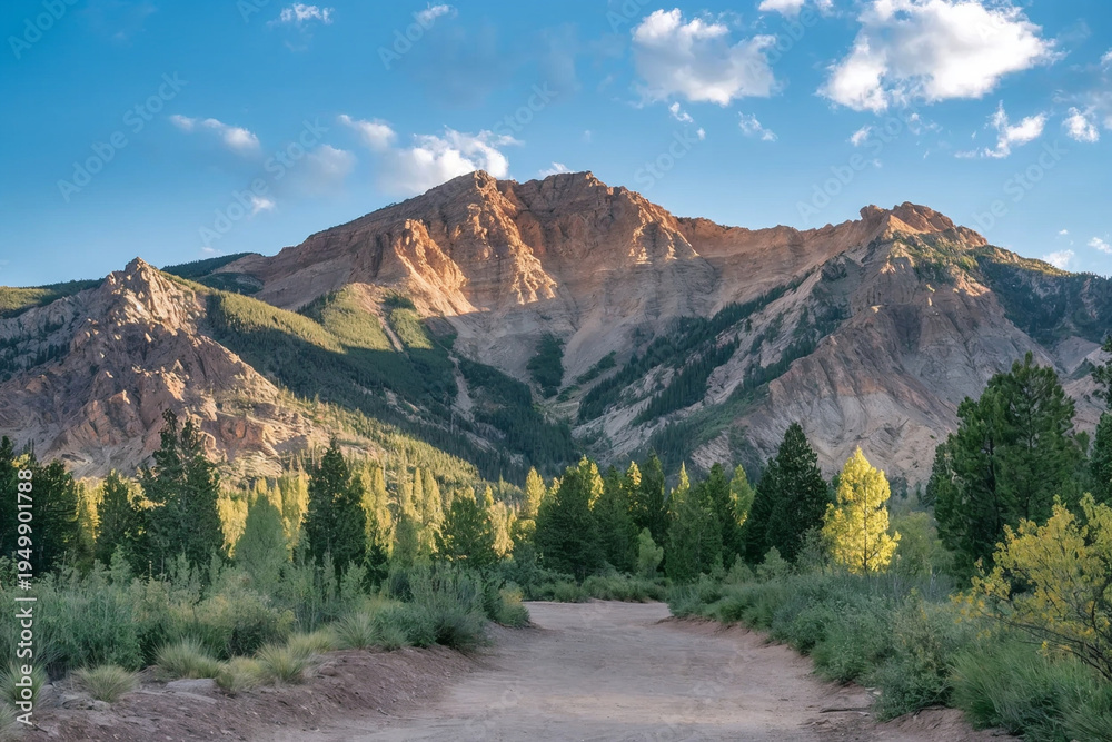 Obraz premium A scenic mountain landscape with a winding dirt path, lush green forest, and sunlit peaks under a blue sky, capturing the beauty of nature and outdoor adventure.