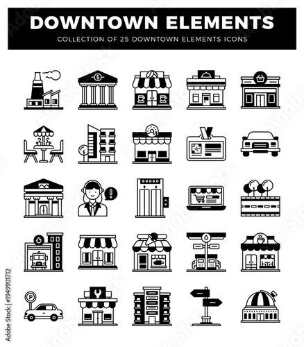 Downtown city icons in a clean. modern flat design style