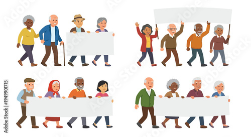Diverse group of seniors marching with blank protest signs advocating for change