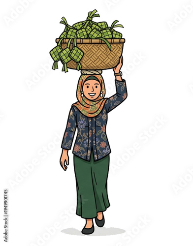 A Muslim woman carries a basket containing ketupat on her head. Isolated on a white background.