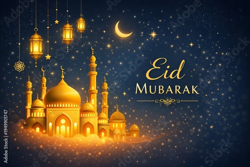 Elegant Eid Mubarak Greeting Background Featuring Golden Mosque Architecture Under Crescent Moon and Lantern Lights in Magical Starry Night Sky