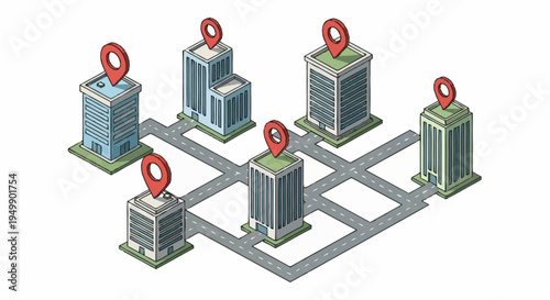 3D isometric city map with location markers.