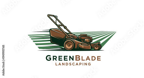 GreenBlade Landscaping Logo with Lawn Mower Illustration.