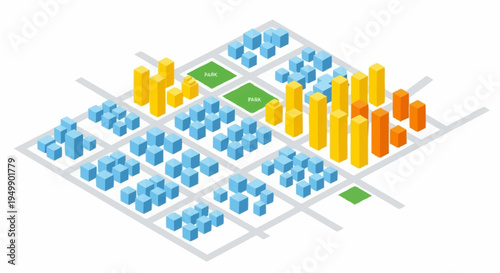 3D isometric city block with buildings.