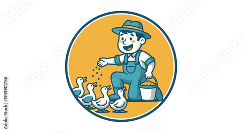 Happy farmer feeding his ducks in a charming cartoon illustration.