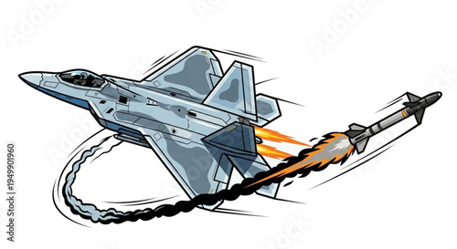 fighter jet firing its missile. isolated on white background.