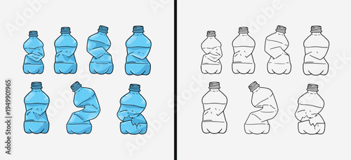 Water bottle plastic illustration, drinking water bottle cartoon set, reusable bottle design collection, hydration bottle clipart illustration, plastic bottle drawing artwork, water container illustra