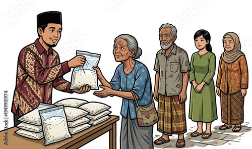 distribution of zakat in the form of rice packages to the poor.