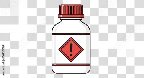 White bottle with red cap and hazard symbol label.