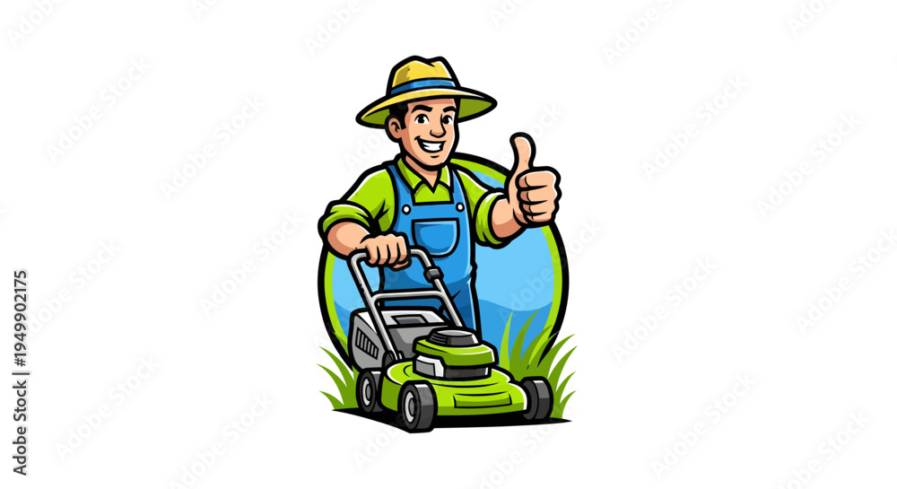 Obraz premium Happy Gardener with Lawn Mower Giving Thumbs Up.