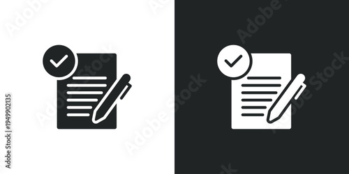 Document signing icon with pen and checkmark for contract approval and completed business task. Filled single symbol. Flat style sign. Solid glyph vector illustration