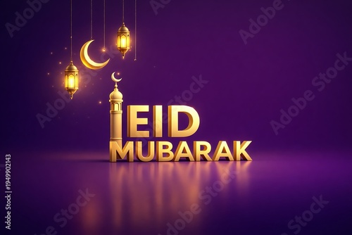 Minimal luxury Eid Mubarak greeting background featuring golden Islamic lanterns crescent moon and glowing text on elegant purple night background symbolizing Ramadan Kareem celebration