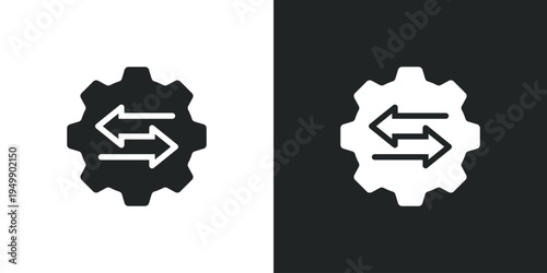 Gear icon with horizontal arrows representing data exchange process automation and system integration settings. Filled single symbol. Flat style sign. Solid glyph vector illustration