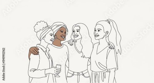 Four diverse women friends embracing and smiling together.