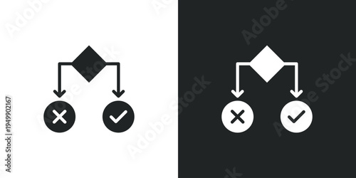 Decision tree flowchart icon showing logic process with check mark and cross symbol options. Filled single symbol. Flat style sign. Solid glyph vector illustration