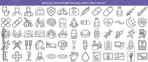 Medical healthcare and wellness line icon set, hospital equipment, and doctor symbols collection