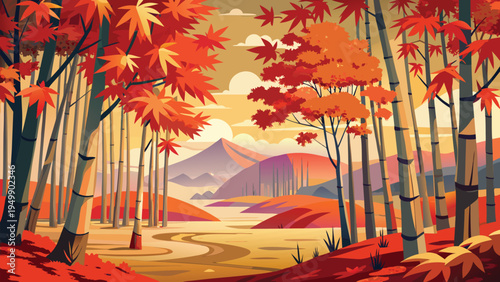 Arashiyama Kyoto Fall Foliage Flat Clip Art Illustration