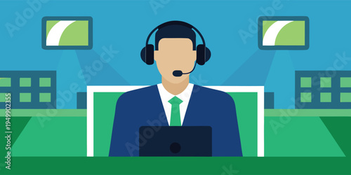 A male sports commentator wearing a black headset and a blue suit with a green tie sits before two monitors in a broadcast studio.