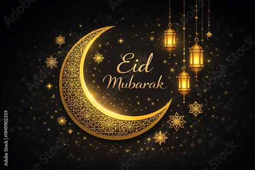 Showing Golden Crescent Moon Lantern Lights And Islamic Decorative Star Pattern On Dark Night Background For Eid Mubarak Greeting Artwork
