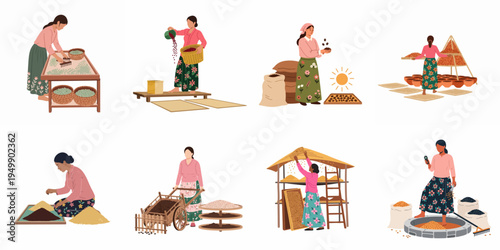 Flat illustration set of women workers performing various tasks in traditional coffee production and agricultural processing on a white background.