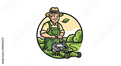 Happy gardener man mowing lawn with push mower in a green garden.