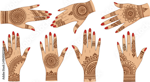 Henna tattoo hands collection mehndi decorative patterns on female hands vector illustration set