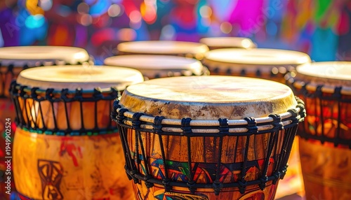A vibrant collection of African percussion drums, ready for energetic musical performance.