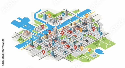 A colorful illustrated city map with various landmarks and transportation.
