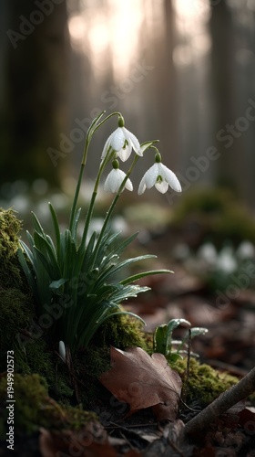 beautiful white snowdrop flowers in forest