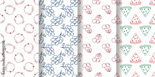 Hand drawn set of seamless patterns with berries and fruits. White background with silhouettes of grapes, cherries, watermelon and pomegranate. Healthy organic food prints, vector graphics