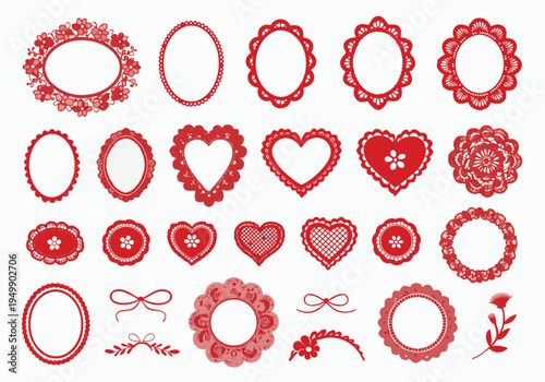 A collection of twenty-three red lace frames and heart-shaped decorative elements featuring scalloped edges is displayed on a white background.