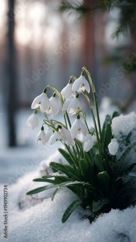 close up of beautiful frozen snowdrop flowers in snow