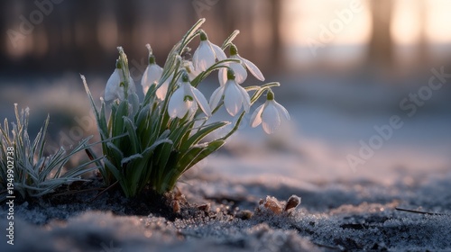 close up of beautiful frozen snowdrop flowers in frost and snow