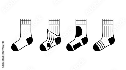 A collection of four black and white silhouette sock icons with various patterns.
