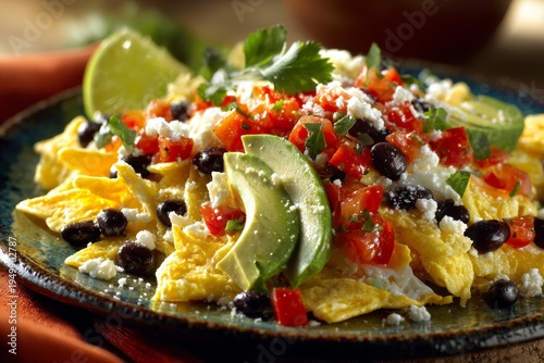 Tasty nacho-style dish with colorful toppings and fresh garnishes