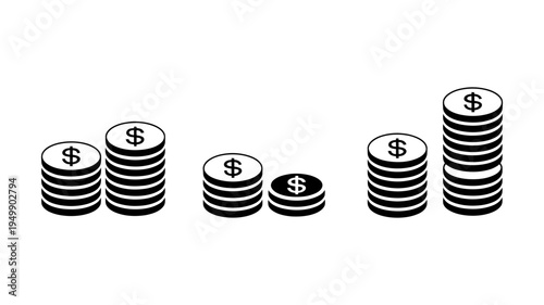 A versatile set of black dollar coin stacks showing growth, stability, and decline.