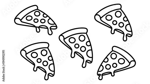 A dynamic composition of five hand-drawn outline pizza slices is scattered.