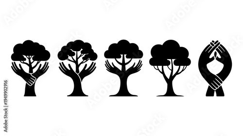 Five black silhouette icons cleverly merge human hands nurturing trees.