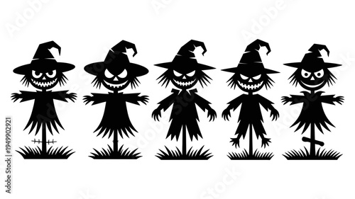 Five menacing black silhouette scarecrow icons with jagged smiles and witch hats stand.